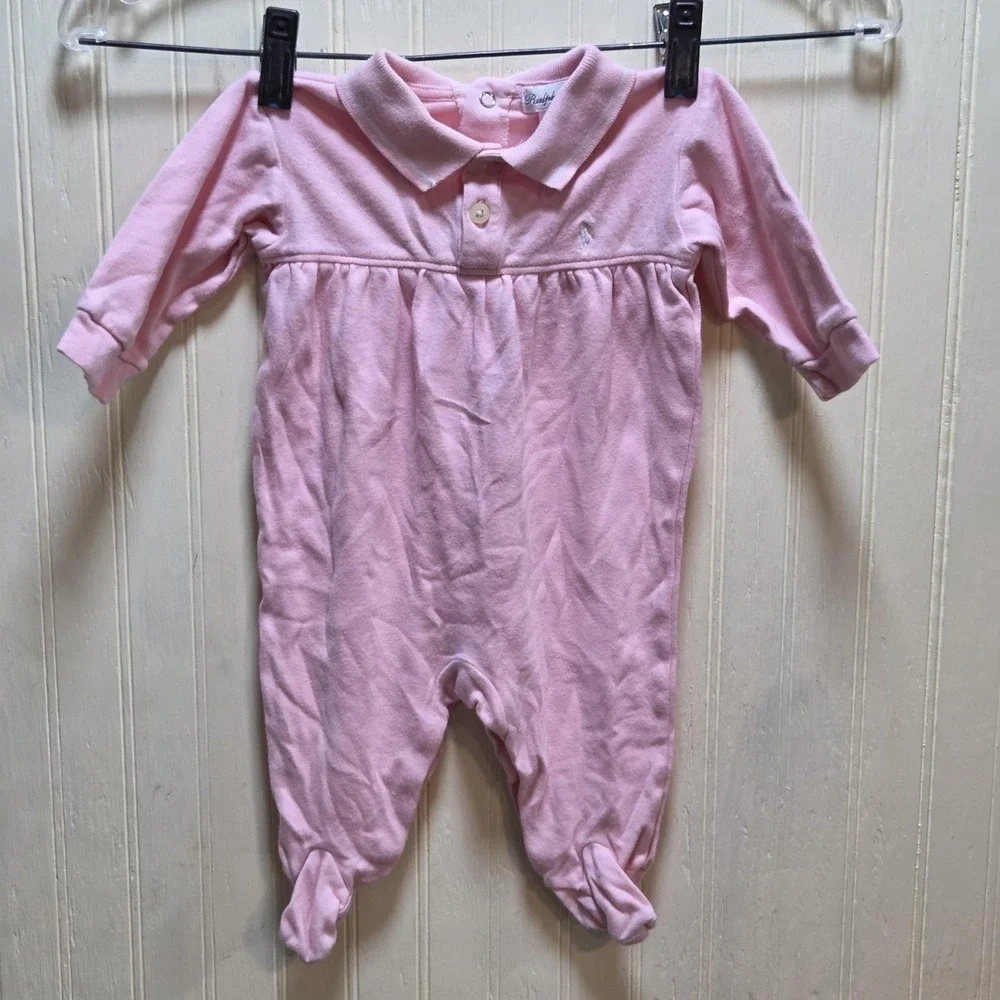 Ralph‎ Lauren Coverall Girls 3-6 Months Pink Collared Footed One Piece Romper